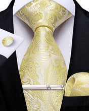 Yellow Floral Men's Tie Handkerchief Cufflinks Clip Set