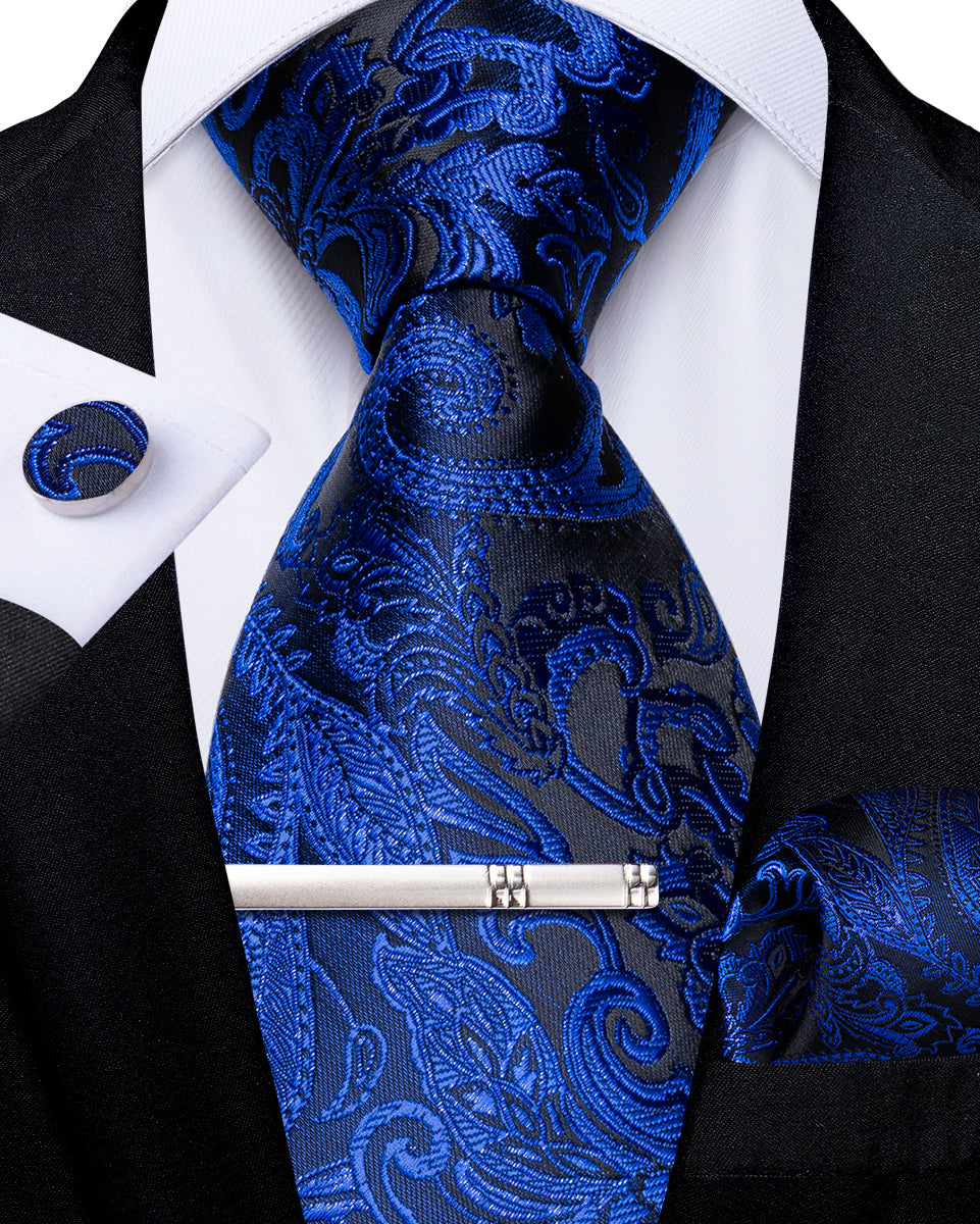 Blue Floral Men's Tie Handkerchief Cufflinks Clip Set