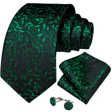 Black Green Printing Men's Tie Pocket Square Cufflinks Set