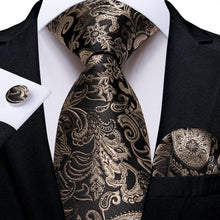 Dark Golden Floral Men's Tie Pocket Square Cufflinks Set