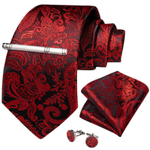Brown Red Floral Men's Tie Handkerchief Cufflinks Clip Set