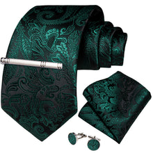 Dark Green Floral Men's Tie Handkerchief Cufflinks Clip Set