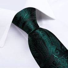Dark Green Floral Men's Tie Handkerchief Cufflinks Clip Set