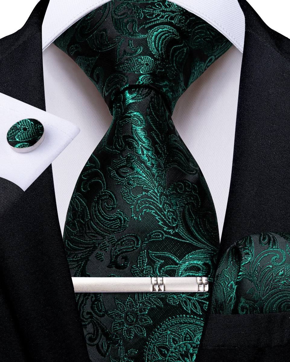 Dark Green Floral Men's Tie Handkerchief Cufflinks Clip Set