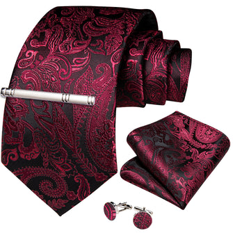 Claret Floral Men's Tie Handkerchief Cufflinks Clip Set