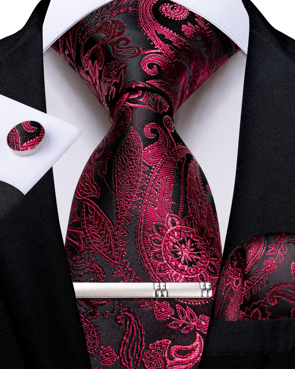 Claret Floral Men's Tie Handkerchief Cufflinks Clip Set