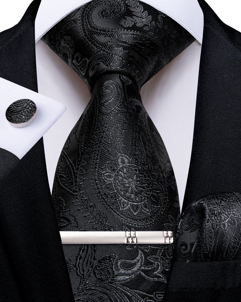 Black Floral Men's Tie Handkerchief Cufflinks Clip Set
