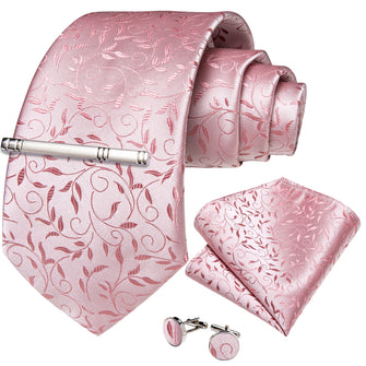 Pink Floral Men's Tie Handkerchief Cufflinks Clip Set