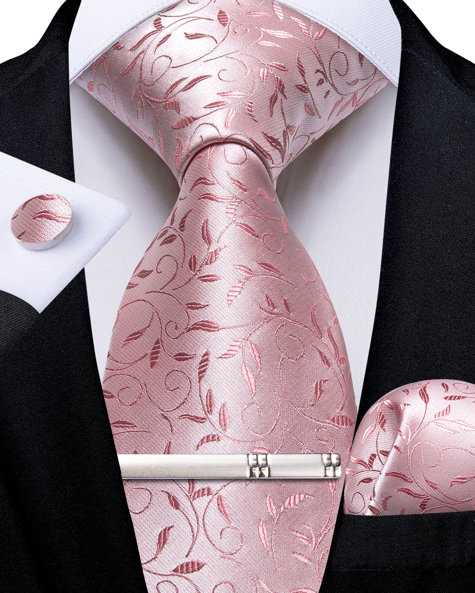 Pink Floral Men's Tie Handkerchief Cufflinks Clip Set