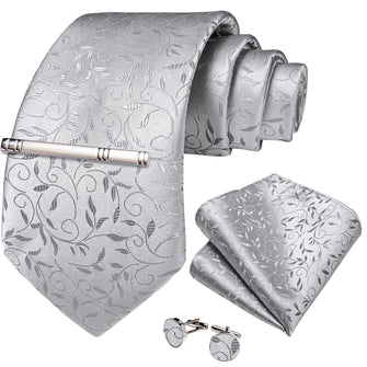 Silver Grey Floral Men's Tie Handkerchief Cufflinks Clip Set