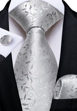 Silver Floral Men's Tie Pocket Square Cufflinks Set