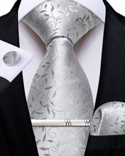 Silver Grey Floral Men's Tie Handkerchief Cufflinks Clip Set