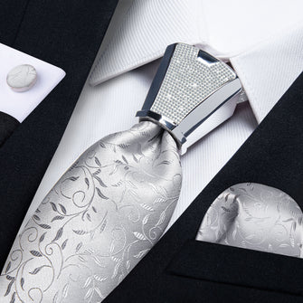 4PCS Silver Grey Floral Men's Tie Handkerchief Cufflinks Accessory Set