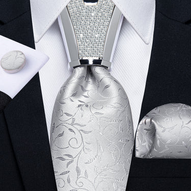 4PCS Silver Grey Floral Men's Tie Handkerchief Cufflinks Accessory Set