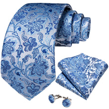 Silver White Blue Floral Men's Tie Pocket Square Cufflinks Set