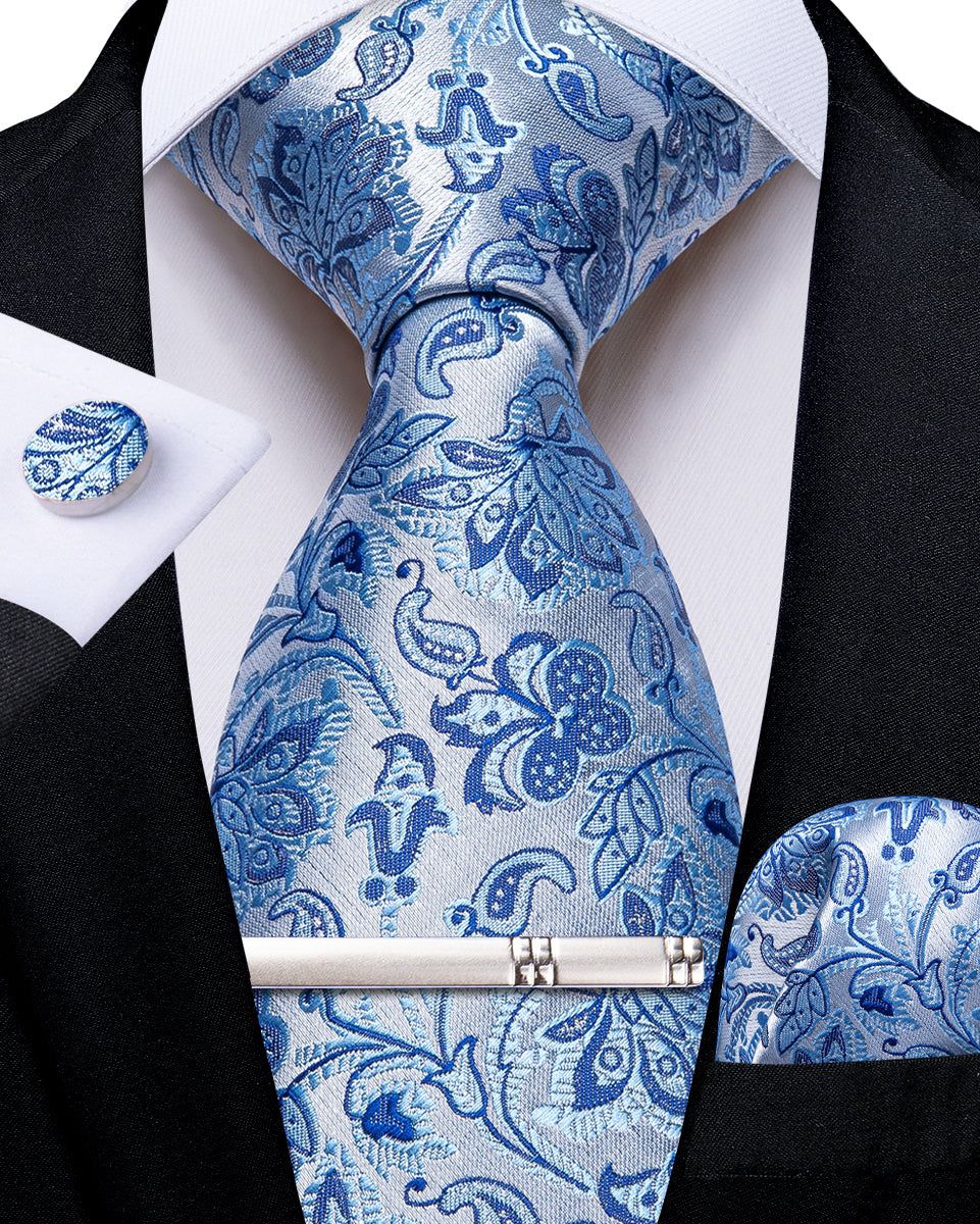 Blue Floral Men's Tie Handkerchief Cufflinks Clip Set