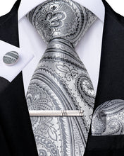 Silver Green Floral Men's Tie Handkerchief Cufflinks Clip Set