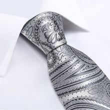 Silver Green Floral Men's Tie Handkerchief Cufflinks Clip Set