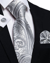 Silver Green Floral Men's Tie Pocket Square Cufflinks Set