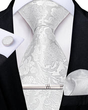 White Floral Men's Tie Handkerchief Cufflinks Clip Set