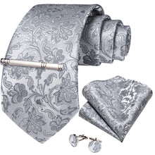 Grey Floral Men's Tie Handkerchief Cufflinks Clip Set