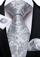 Siver Grey Floral Men's Tie Pocket Square Cufflinks Set