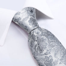 Grey Floral Men's Tie Handkerchief Cufflinks Clip Set