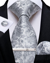 Grey Floral Men's Tie Handkerchief Cufflinks Clip Set