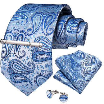 Blue Paisley Men's Tie Handkerchief Cufflinks Clip Set