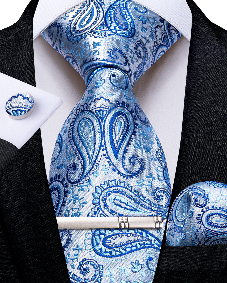 Blue Paisley Men's Tie Handkerchief Cufflinks Clip Set