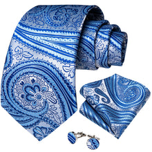 Blue Silver White Floral Men's Tie Pocket Square Cufflinks Set