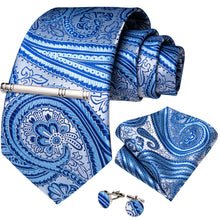 Bright Blue Floral Men's Tie Handkerchief Cufflinks Clip Set