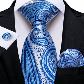 Blue Silver White Floral Men's Tie Pocket Square Cufflinks Set