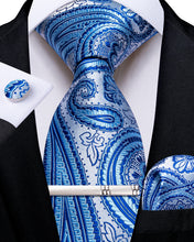 Bright Blue Floral Men's Tie Handkerchief Cufflinks Clip Set