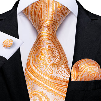 Orange Floral Men's Tie Pocket Square Cufflinks Set