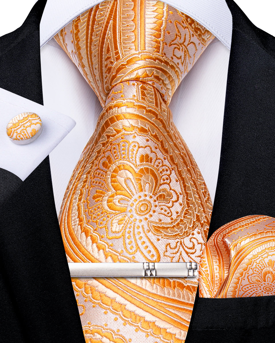 silk orange flower tie pocket square cufflinks set with mens tie ring for office shirt