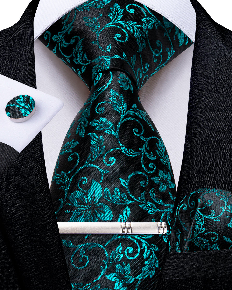 Black Green Floral Men's Tie Handkerchief Cufflinks Clip Set