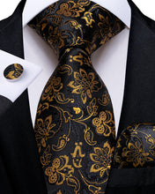 Black Golden Floral Men's Tie Pocket Square Cufflinks Set