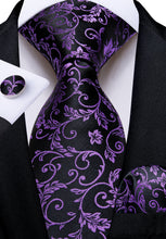 Black Blue Floral Men's Tie Pocket Square Cufflinks Set