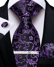  Black Purple Floral Tie Handkerchief Cufflinks Clip Set