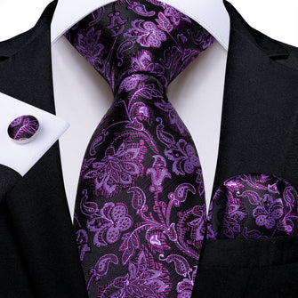 Black Purple Floral Men's Tie Pocket Square Cufflinks Set