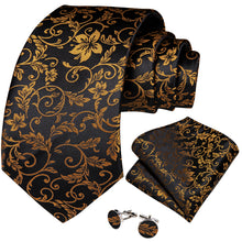 Brown Golden Floral Men's Tie Pocket Square Cufflinks Set