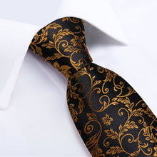 Black Champagne Floral Men's Tie Handkerchief Cufflinks Clip Set