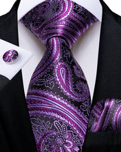 Dark Purple Floral Men's Tie Pocket Square Cufflinks Set