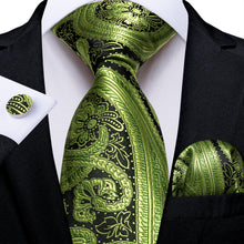 Green Golden Floral Men's Tie Pocket Square Cufflinks Set