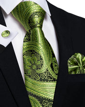 Green Golden Floral Men's Tie Pocket Square Cufflinks Set