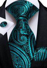 Black Green Floral Men's Tie Pocket Square Cufflinks Set