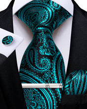 Cyan-Blue Floral Men's Tie Handkerchief Cufflinks Clip Set