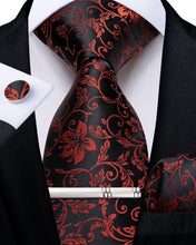 Blakc Red Floral Men's Tie Handkerchief Cufflinks Clip Set