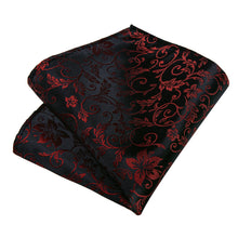 Blakc Red Floral Men's Tie Handkerchief Cufflinks Clip Set